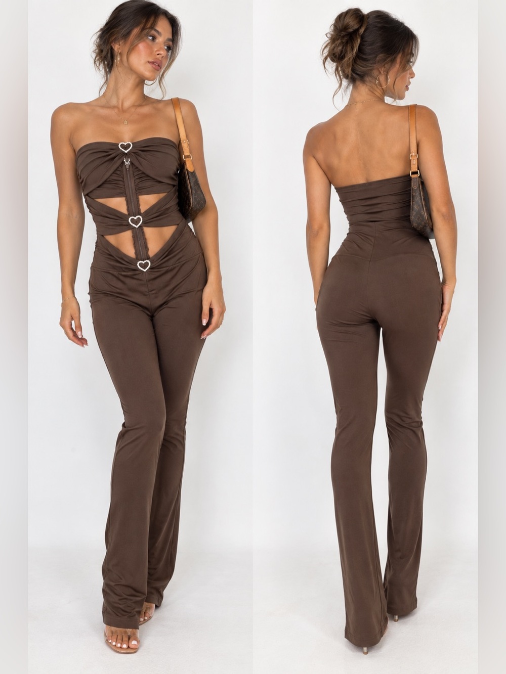 Edikted Sexy Strapless Heart-Detail Brown Jumpsuit